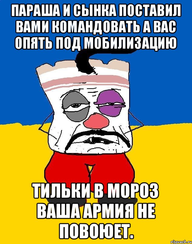 Параша и сынка поставил вами командовать а вас опять под мобилизацию Тильки в мороз ваша армия не повоюет., Мем Западенец - тухлое сало