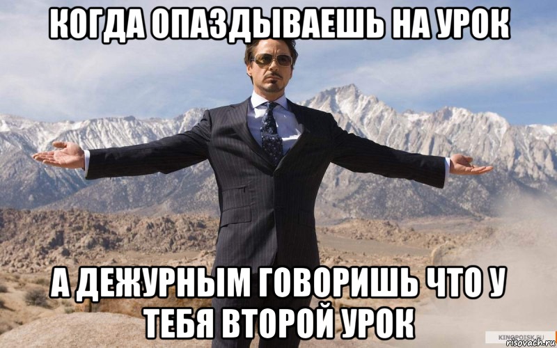 Когда опаздываешь на урок а дежурным говоришь что у ТЕБя второй урок, Мем железный человек