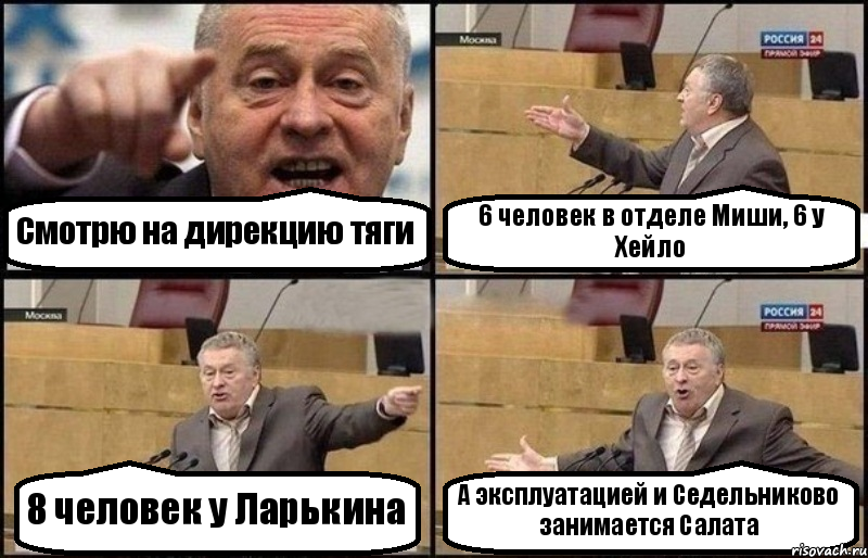 Смотрю на дирекцию тяги 6 человек в отделе Миши, 6 у Хейло 8 человек у Ларькина А эксплуатацией и Седельниково занимается Салата, Комикс Жириновский