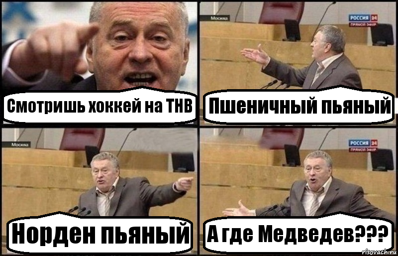 Смотришь хоккей на ТНВ Пшеничный пьяный Норден пьяный А где Медведев???, Комикс Жириновский