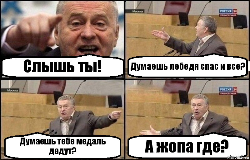 Слышь ты! Думаешь лебедя спас и все? Думаешь тебе медаль дадут? А жопа где?, Комикс Жириновский