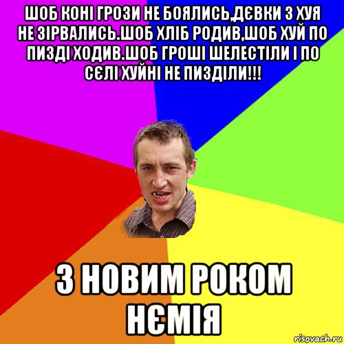 шоб коні грози не боялись,дєвки з хуя не зірвались.шоб хліб родив,шоб хуй по пизді ходив.шоб гроші шелестіли і по сєлі хуйні не пизділи!!! з новим роком нємія, Мем Чоткий паца