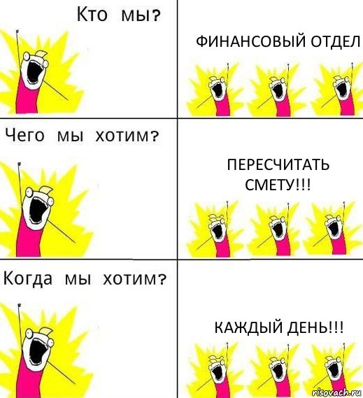 ФИНАНСОВЫЙ ОТДЕЛ Пересчитать смету!!! Каждый день!!!, Комикс Что мы хотим