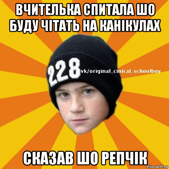 вчителька спитала шо буду чітать на канікулах сказав шо репчік, Мем  Циничный школьник