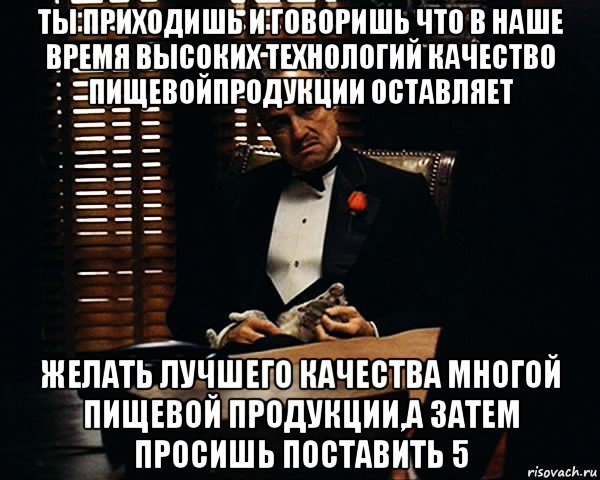 ты приходишь и говоришь что в наше время высоких технологий качество пищевойпродукции оставляет желать лучшего качества многой пищевой продукции,а затем просишь поставить 5, Мем Дон Вито Корлеоне