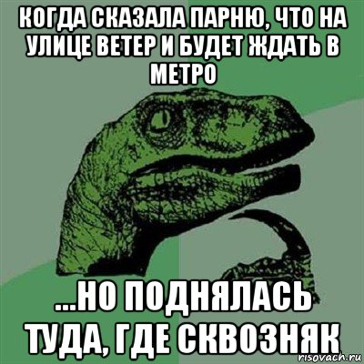 когда сказала парню, что на улице ветер и будет ждать в метро ...но поднялась туда, где сквозняк, Мем Филосораптор