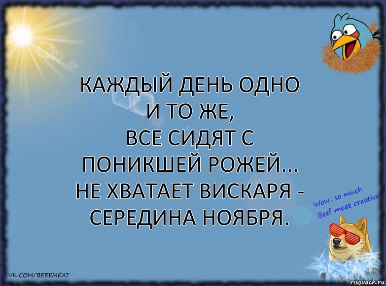 Каждый день одно и то же,
Все сидят с поникшей рожей...
Не хватает вискаря - середина ноября.