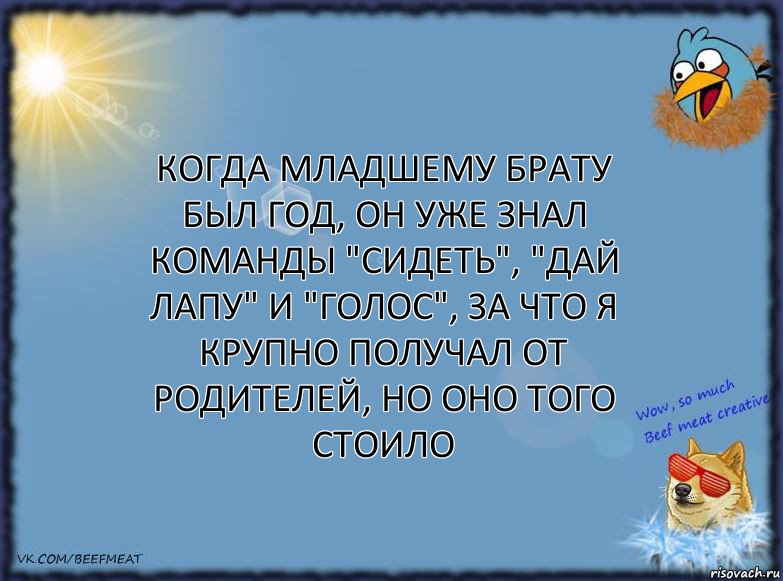 Когда младшему брату был год, он уже знал команды "Сидеть", "Дай лапу" и "Голос", за что я крупно получал от родителей, но оно того стоило, Комикс ФОН