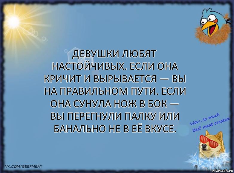 Девушки любят настойчивых. Если она кричит и вырывается — Вы на правильном пути. Если она сунула нож в бок — Вы перегнули палку или банально не в её вкусе.