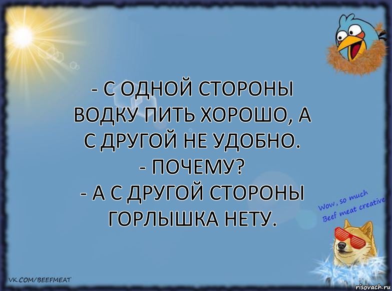 - С одной стороны водку пить хорошо, а с другой не удобно.
- Почему?
- А с другой стороны горлышка нету., Комикс ФОН