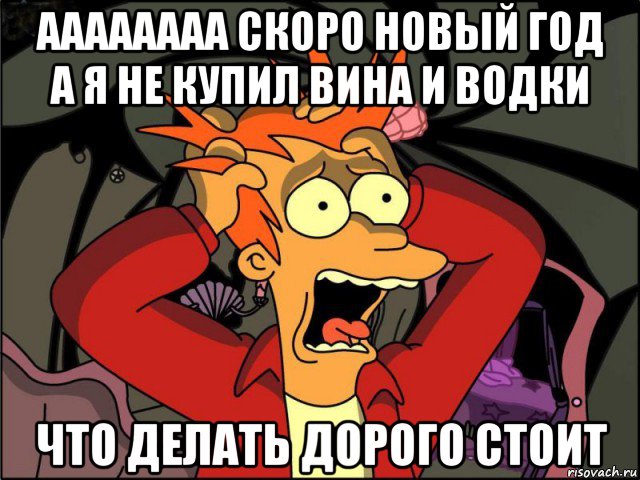 аааааааа скоро новый год а я не купил вина и водки что делать дорого стоит, Мем Фрай в панике