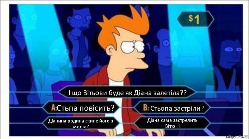 І що Вітьови буде як Діана залетіла?? Стьпа повісить? Стьопа застріли? Діанина родина скине його з моста? Діана сама застрелить Вітю!!!