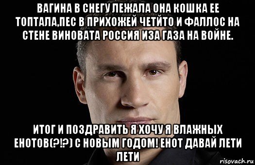 вагина в снегу лежала она кошка ее топтала,пес в прихожей четйто и фаллос на стене виновата россия иза газа на войне. итог и поздравить я хочу я влажных енотов(?!?) с новым годом! енот давай лети лети, Мем Кличко