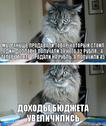 Мы раньше продавали товар, который стоил один доллар. А получали за него 32 рубля… А теперь товар продали на рубль, а получили 45 Доходы бюджета увеличились