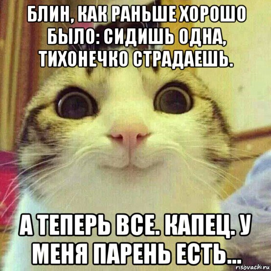 блин, как раньше хорошо было: сидишь одна, тихонечко страдаешь. а теперь все. капец. у меня парень есть..., Мем       Котяка-улыбака