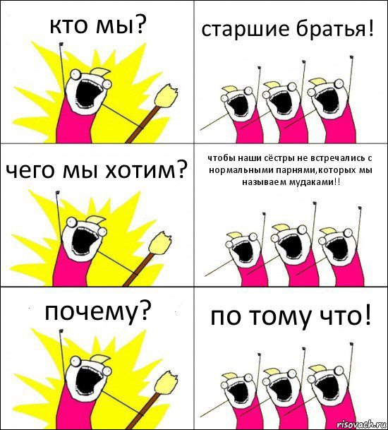 кто мы? старшие братья! чего мы хотим? чтобы наши сёстры не встречались с нормальными парнями,которых мы называем мудаками!! почему? по тому что!