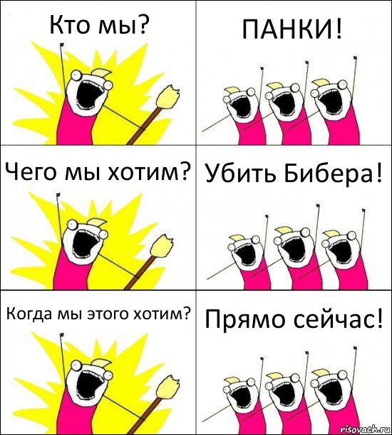 Кто мы? ПАНКИ! Чего мы хотим? Убить Бибера! Когда мы этого хотим? Прямо сейчас!