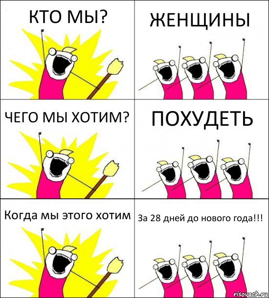 КТО МЫ? ЖЕНЩИНЫ ЧЕГО МЫ ХОТИМ? ПОХУДЕТЬ Когда мы этого хотим За 28 дней до нового года!!!