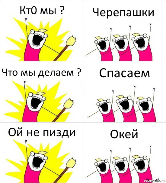 Кт0 мы ? Черепашки Что мы делаем ? Спасаем Ой не пизди Окей