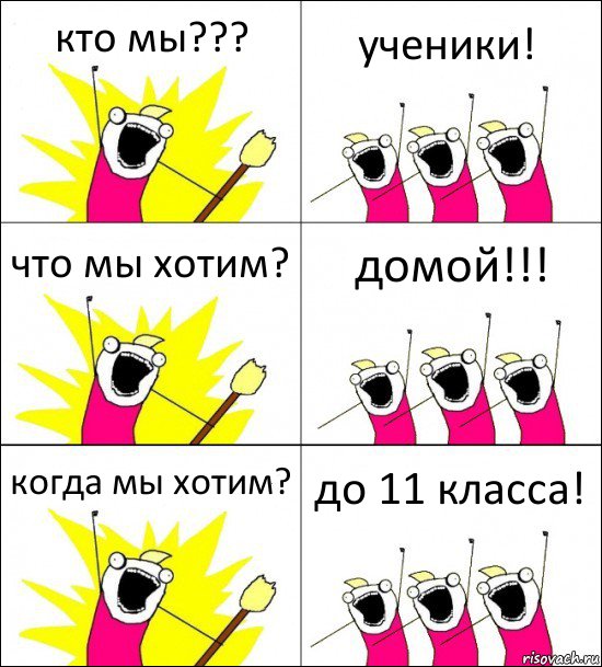 кто мы??? ученики! что мы хотим? домой!!! когда мы хотим? до 11 класса!