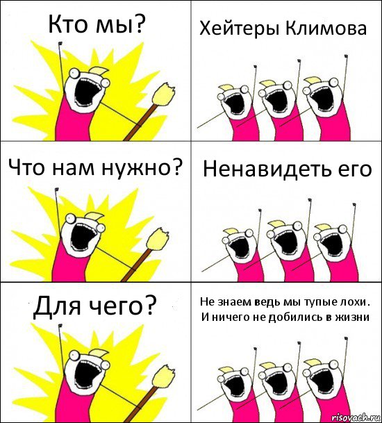 Кто мы? Хейтеры Климова Что нам нужно? Ненавидеть его Для чего? Не знаем ведь мы тупые лохи. И ничего не добились в жизни