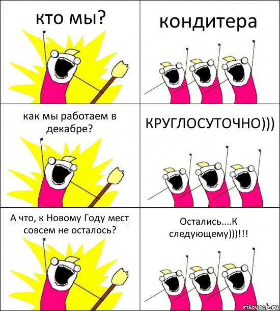 кто мы? кондитера как мы работаем в декабре? КРУГЛОСУТОЧНО))) А что, к Новому Году мест совсем не осталось? Остались....К следующему)))!!!