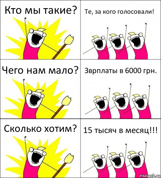 Кто мы такие? Те, за кого голосовали! Чего нам мало? Зврплаты в 6000 грн. Сколько хотим? 15 тысяч в месяц!!!