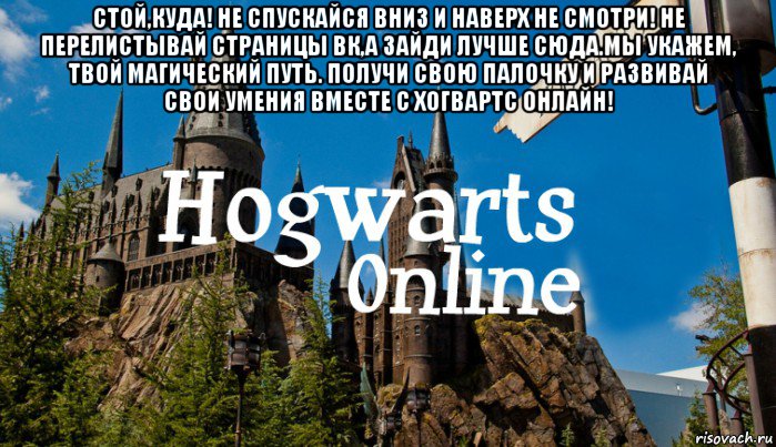 стой,куда! не спускайся вниз и наверх не смотри! не перелистывай страницы вк,а зайди лучше сюда.мы укажем, твой магический путь. получи свою палочку и развивай свои умения вместе с хогвартс онлайн! , Мем   Мем Хогвартс Онлайн