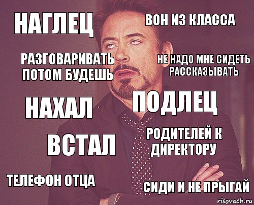 Наглец Вон из класса Нахал Телефон отца Родителей к директору Подлец Встал Сиди и не прыгай Разговаривать потом будешь Не надо мне сидеть рассказывать, Комикс мое лицо