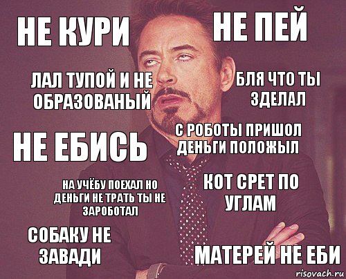 не кури не пей не ебись собаку не завади кот срет по углам с роботы пришол деньги положыл на учёбу поехал но деньги не трать ты не зароботал матерей не еби лал тупой и не образованый бля что ты зделал, Комикс мое лицо