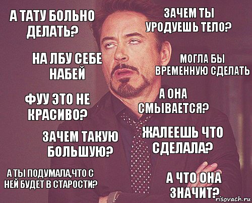 а тату больно делать? зачем ты уродуешь тело? фуу это не красиво? а ты подумала,что с ней будет в старости? жалеешь что сделала? а она смывается? зачем такую большую? а что она значит? на лбу себе набей могла бы временную сделать, Комикс мое лицо