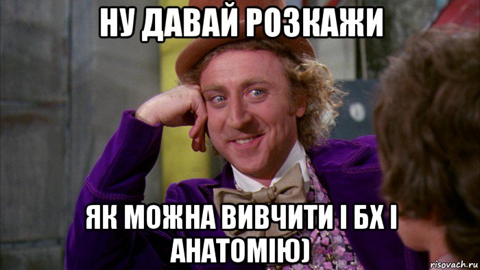 ну давай розкажи як можна вивчити і бх і анатомію), Мем Ну давай расскажи (Вилли Вонка)