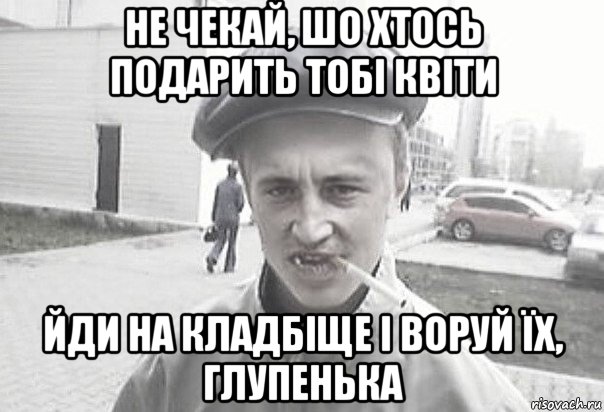 не чекай, шо хтось подарить тобі квіти йди на кладбіще і воруй їх, глупенька, Мем Пацанська философия