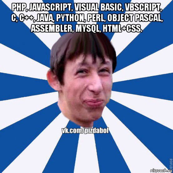 php, javascript, visual basic, vbscript, c, c++, java, python, perl, object pascal, assembler, mysql, html+css. , Мем Пиздабол типичный вк