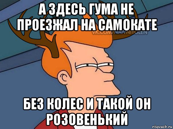 а здесь гума не проезжал на самокате без колес и такой он розовенький, Мем  Подозрительный олень