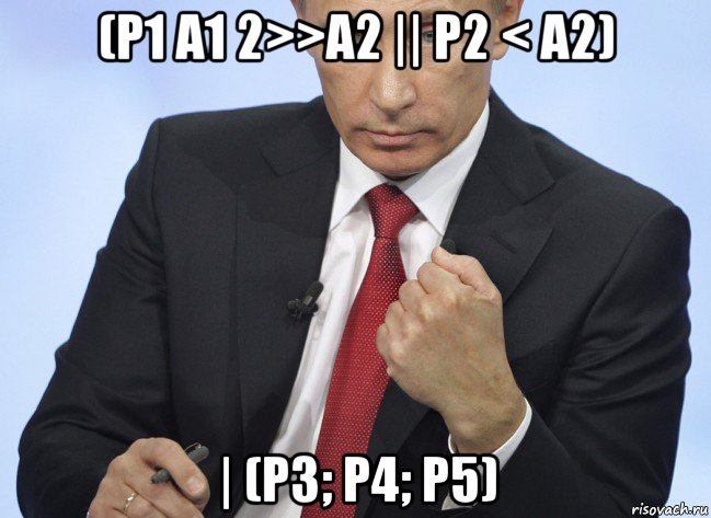 (p1 a1 2>>a2 || p2 < a2) | (p3; p4; p5), Мем Путин показывает кулак