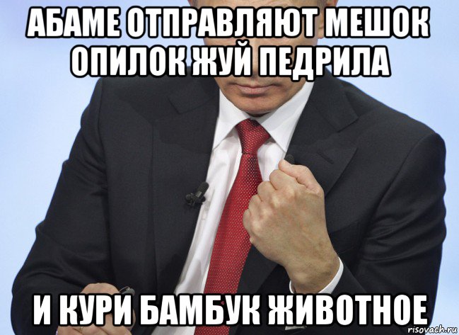 абаме отправляют мешок опилок жуй педрила и кури бамбук животное, Мем Путин показывает кулак