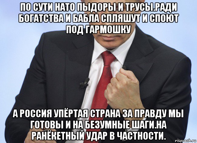 по сути нато пыдоры и трусы.ради богатства и бабла спляшут и споют под гармошку а россия упёртая страна за правду мы готовы и на безумные шаги.на ранёкетный удар в частности., Мем Путин показывает кулак