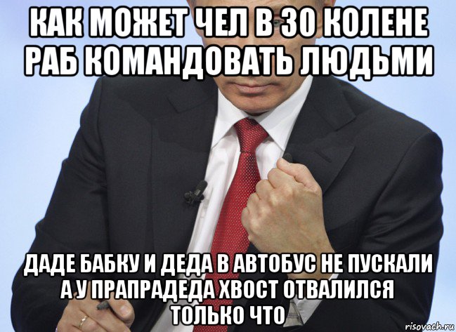 как может чел в 30 колене раб командовать людьми даде бабку и деда в автобус не пускали а у прапрадеда хвост отвалился только что, Мем Путин показывает кулак