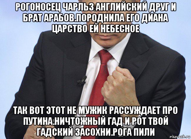 рогоносец чарльз английский друг и брат арабов.породнила его диана царство ей небесное так вот этот не мужик рассуждает про путина.ничтожный гад и рот твой гадский засохни.рога пили, Мем Путин показывает кулак