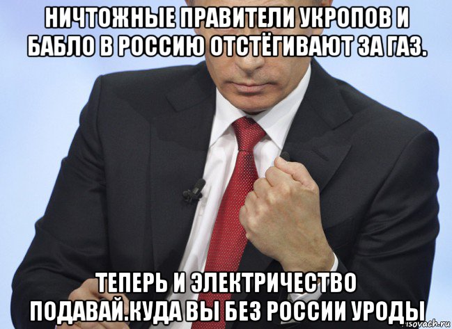 ничтожные правители укропов и бабло в россию отстёгивают за газ. теперь и электричество подавай.куда вы без россии уроды, Мем Путин показывает кулак