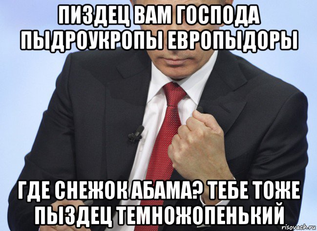 пиздец вам господа пыдроукропы европыдоры где снежок абама? тебе тоже пыздец темножопенький, Мем Путин показывает кулак