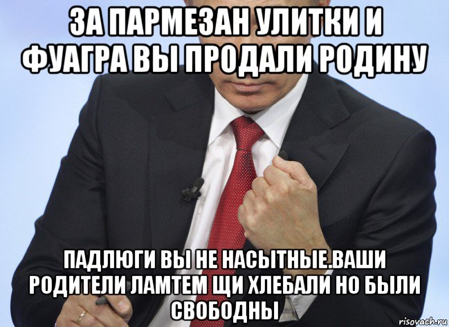 за пармезан улитки и фуагра вы продали родину падлюги вы не насытные.ваши родители ламтем щи хлебали но были свободны, Мем Путин показывает кулак