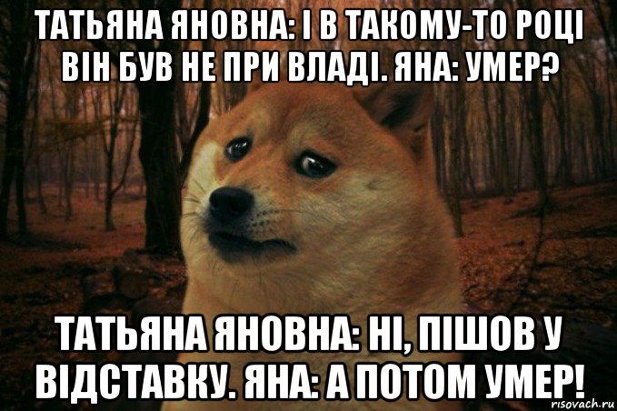 татьяна яновна: і в такому-то році він був не при владі. яна: умер? татьяна яновна: ні, пішов у відставку. яна: а потом умер!, Мем SAD DOGE