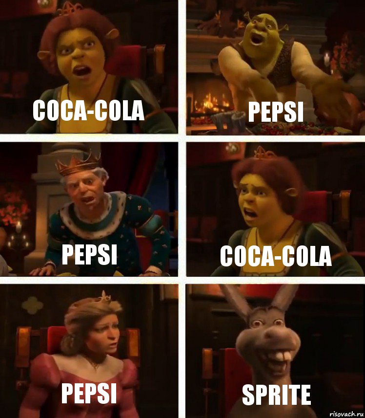 coca-cola pepsi pepsi coca-cola pepsi sprite, Комикс  Шрек Фиона Гарольд Осел