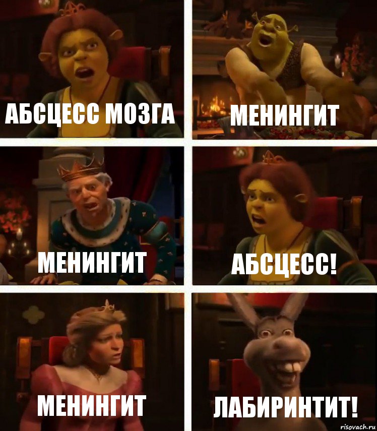 абсцесс мозга менингит менингит абсцесс! менингит ЛАБИРИНТИТ!, Комикс  Шрек Фиона Гарольд Осел