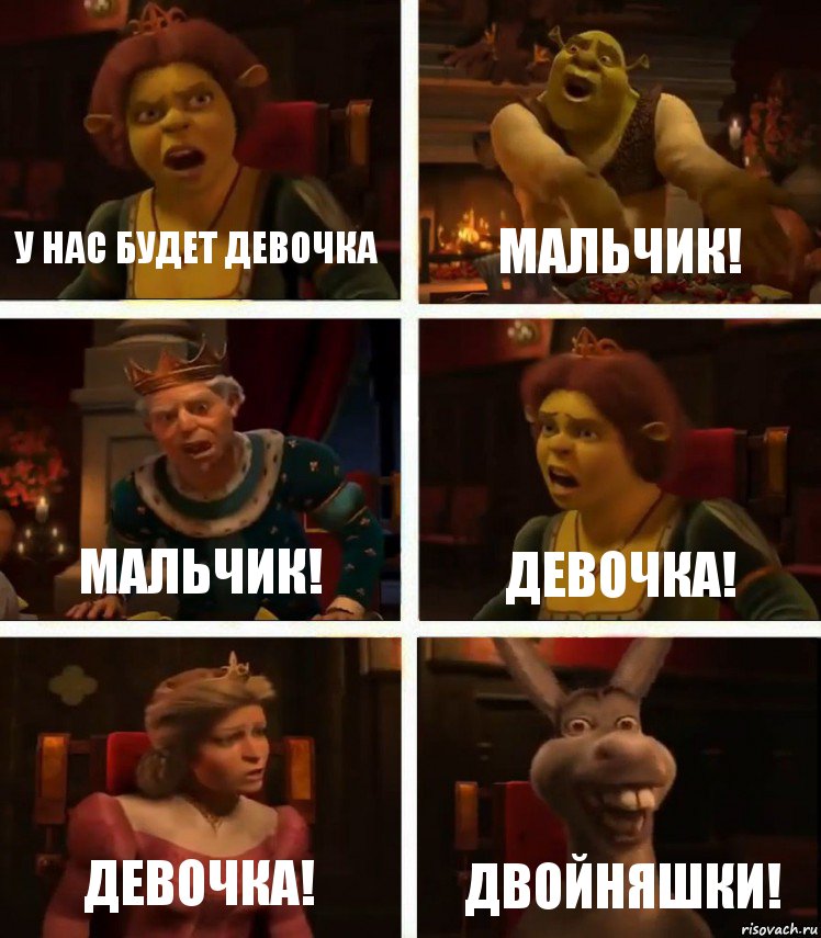 у нас будет девочка мальчик! мальчик! девочка! девочка! двойняшки!, Комикс  Шрек Фиона Гарольд Осел