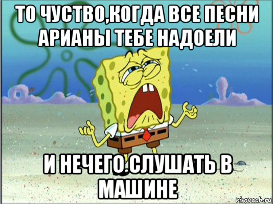 то чуство,когда все песни арианы тебе надоели и нечего слушать в машине, Мем Спанч Боб плачет