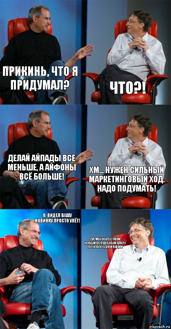 Прикинь, что я придумал? Что?! Делай айпады все меньше, а айфоны всё больше! Хм... нужен сильный маркетинговый ход. Надо подумать! О, видел вашу новинку,просто улёт! Да, мы выпустили новый волшебный ключ по новогодней акции, Комикс Стив Джобс и Билл Гейтс (6 зон)