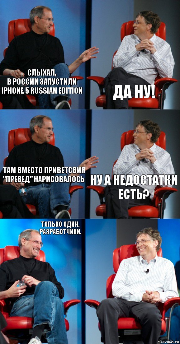 Слыхал,
в России запустили Iphone 5 Russian Edition Да ну! Там вместо приветсвия
"Превед" нарисовалось Ну а недостатки есть? Только один. Разработчики. , Комикс Стив Джобс и Билл Гейтс (6 зон)